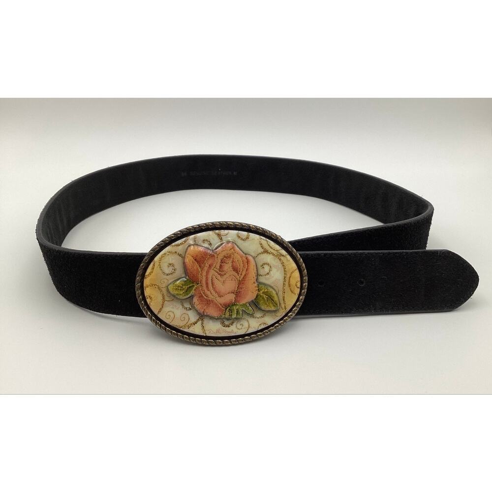 Debbie Brooks NY Black Suede Leather Belt Size M Ornate Glitter Rose Buckle Art
